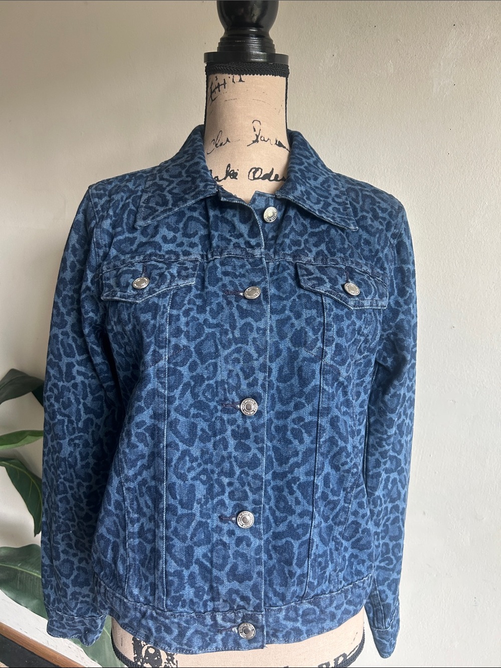 Michael Kors Leopard Print Blue Denim Jacket Size Medium